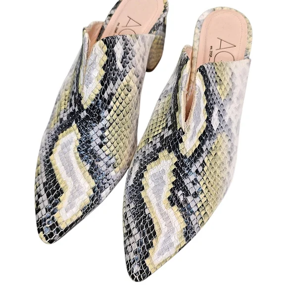 AGL Leather Snakeskin Pointed Toe Mules Size 7.5 Green & Gray Designer Luxury - Picture 10 of 15